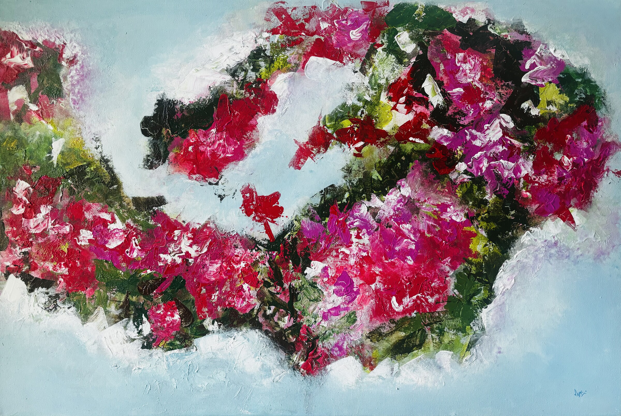 Echoes of Bougainvillea — palette-knife floral painting by Anurati Gupta